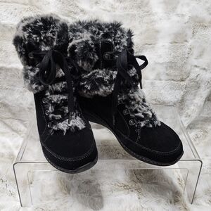 Aetrex Black Faux-Fur Lace-Up Winter Boots